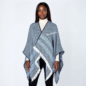 Maje Maille Ajou Blue Wool Alpaca Poncho – Boho Chic Fringe Cozy Wrap - OS